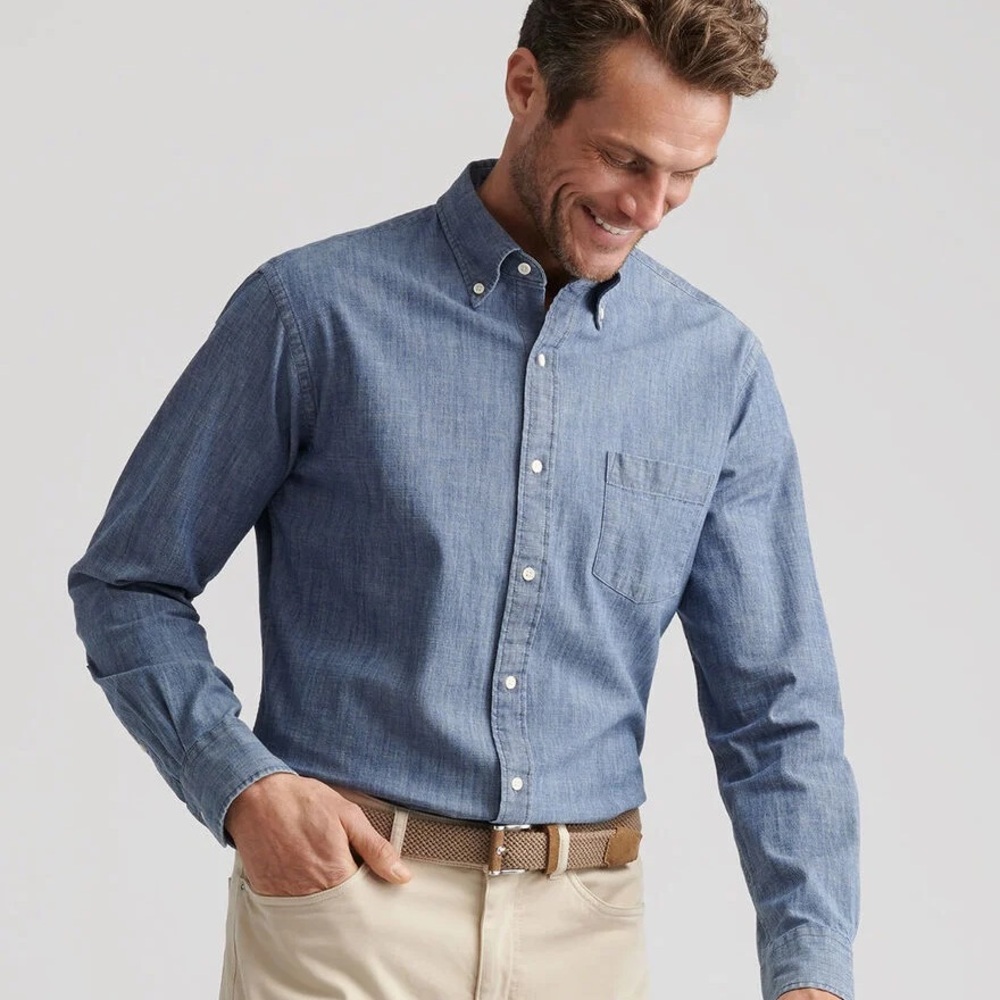 Peter Millar Men's Size 2XL Chambray‎ Cotton-Stretch Sport Shirt Blue $165 New